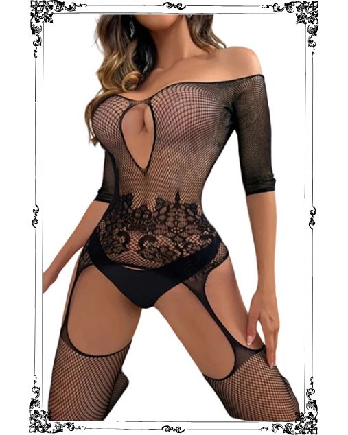 Fishnet Plus Size Sexy Floral Body Stocking with Sleeves for Women