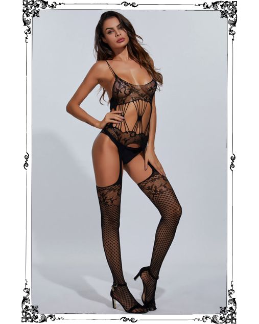 Fishnet Mesh Perspective Hollow Garter Full Body Stocking (JT6063B)