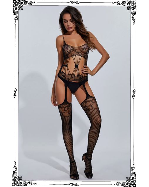 Fishnet Mesh Perspective Hollow Garter Full Body Stocking (JT6063B)