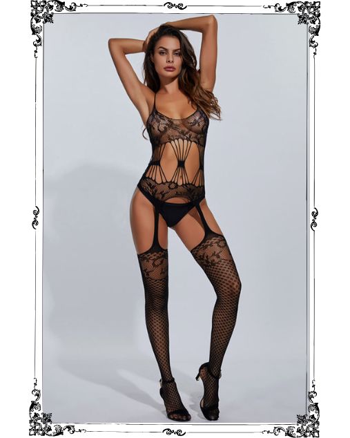 Fishnet Mesh Perspective Hollow Garter Full Body Stocking (JT6063B)