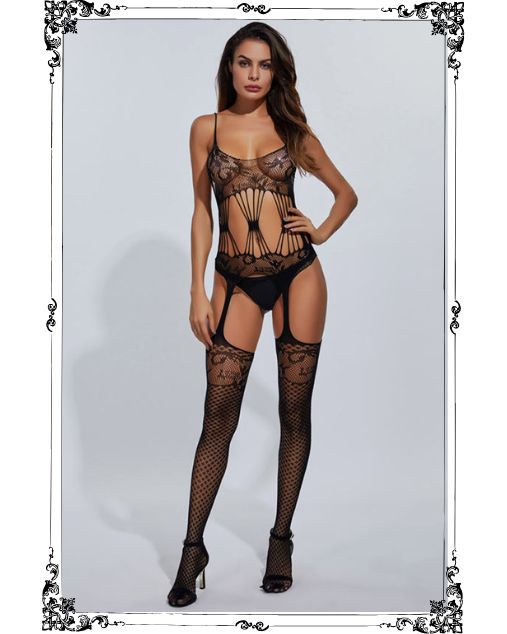 Fishnet Mesh Perspective Hollow Garter Full Body Stocking (JT6063B)