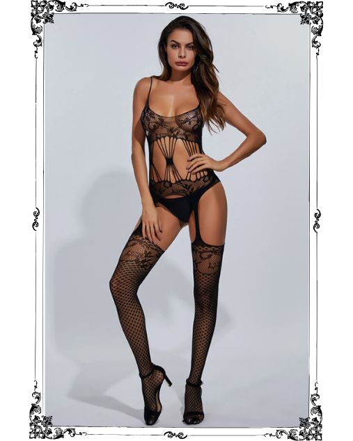 Fishnet Mesh Perspective Hollow Garter Full Body Stocking (JT6063B)