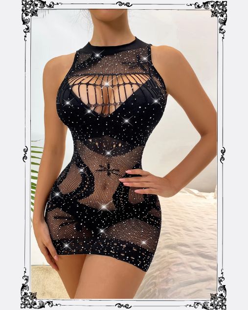 Crew Neck Off Sleeves Rhinestone Embellishment Half Body Stocking