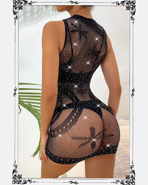 Crew Neck Off Sleeves Rhinestone Embellishment Half Body Stocking