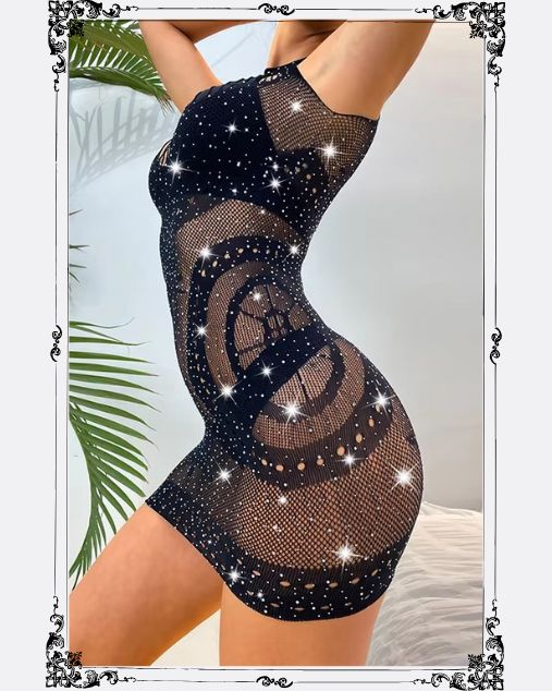 Crew Neck Off Sleeves Rhinestone Embellishment Half Body Stocking
