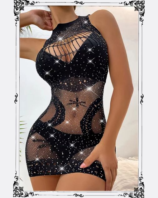 Crew Neck Off Sleeves Rhinestone Embellishment Half Body Stocking