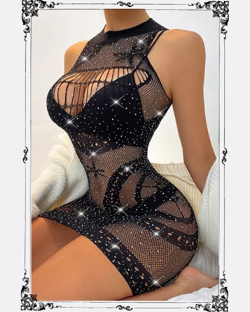 Crew Neck Off Sleeves Rhinestone Embellishment Half Body Stocking