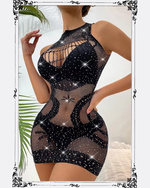 Crew Neck Off Sleeves Rhinestone Embellishment Half Body Stocking
