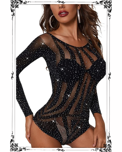 Women’s Sparkle Rhinestone Teddy Fishnet Long Sleeve Half Body Stocking