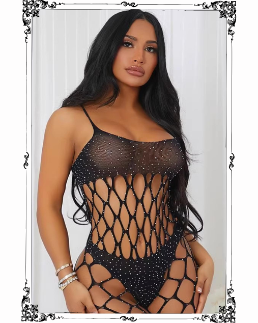 Women's Long Sleeve Open Low Cut Rhinestone Full Body Stocking (2092)