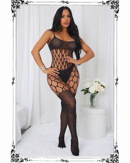 Women's Long Sleeve Open Low Cut Rhinestone Full Body Stocking (2092)