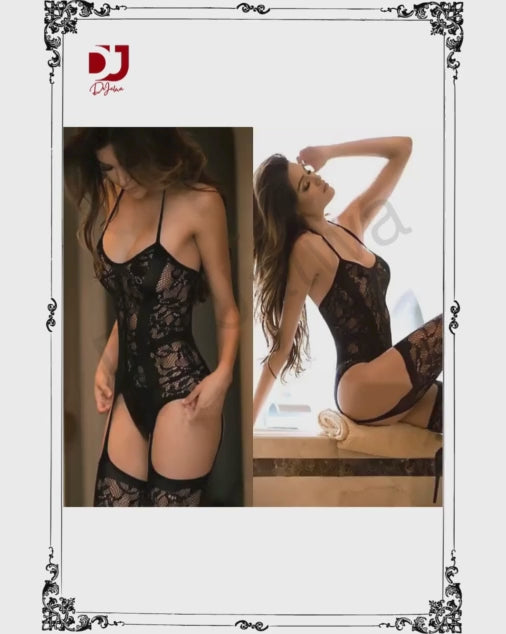 Women Halter Neck Lace Stockings with Garter Belts